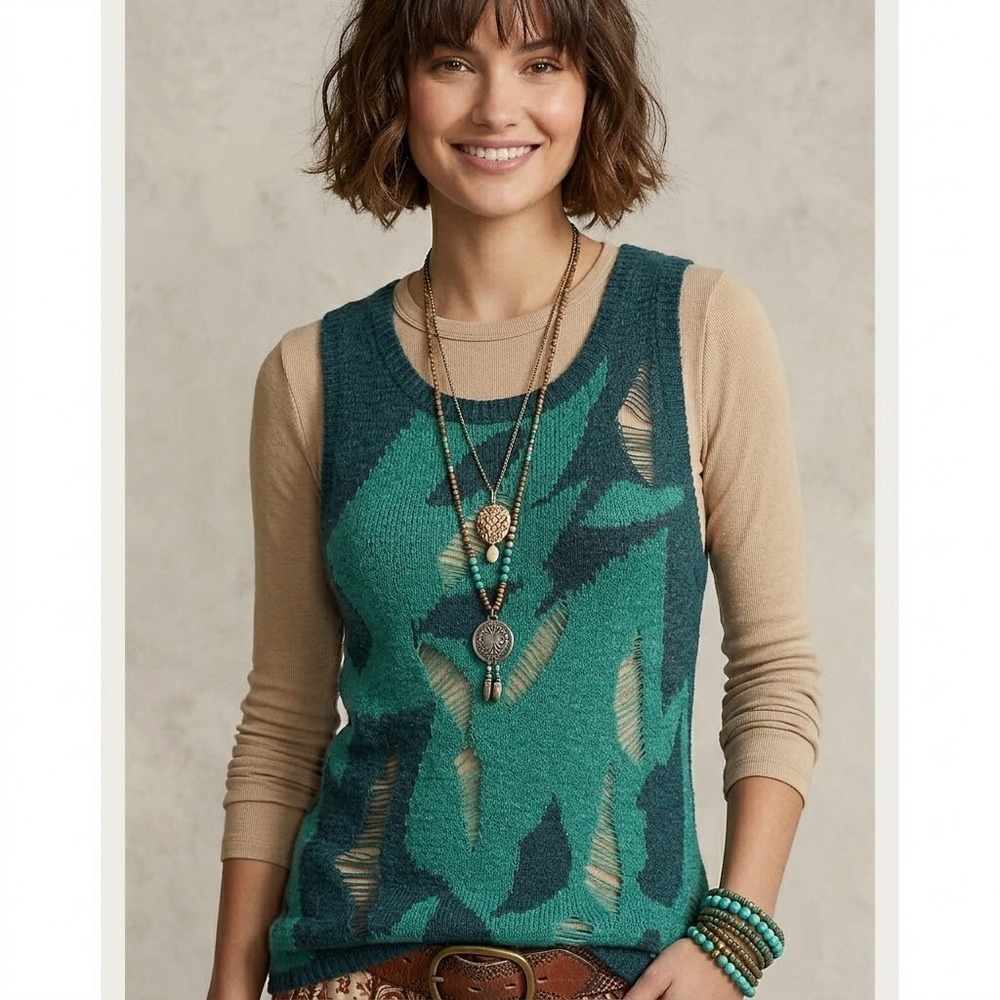 One Teaspoon Distressed Knit Tank Top Teal Turquoise Abstract Sleeveless Medium